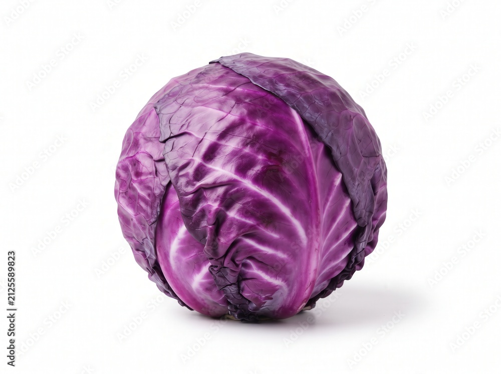 Obraz premium Whole Red Cabbage Head with Vibrant Purple Leaves Isolated on White Background for Culinary Recipe Blogging and Healthy Nutrition Grocery Marketing