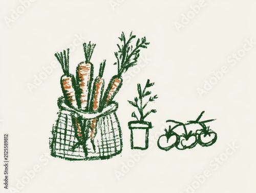 Handdrawn organic vegetables and gardening set