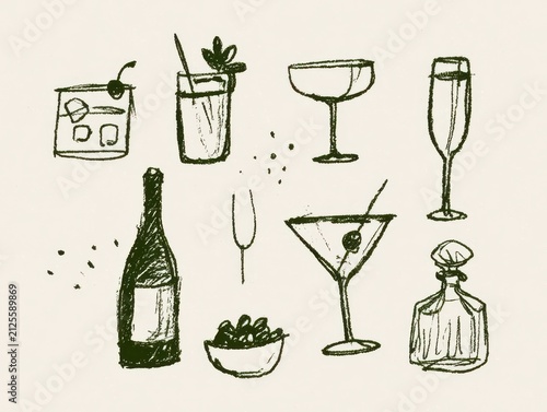 Hand drawn sketch set of various cocktails and alcoholic drinks in glasses and bottles