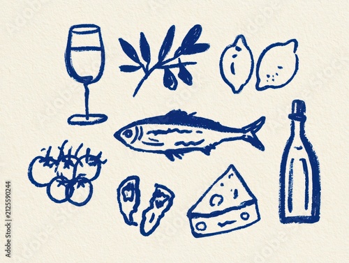 Hand drawn food and drink icons featuring wine, fish, lemons, tomatoes, olives, and cheese
