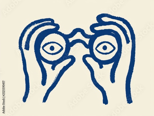Hand drawn illustration of a person holding binoculars to their eyes, blue ink sketch style