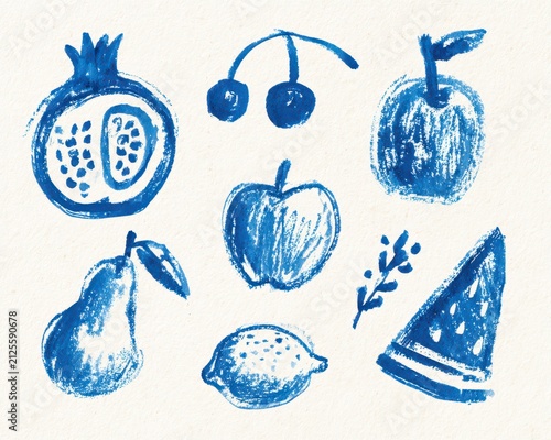 Set of handdrawn blue fruit illustrations with crayon texture