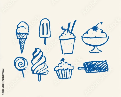 Set of handdrawn ice cream and dessert illustrations in blue crayon style