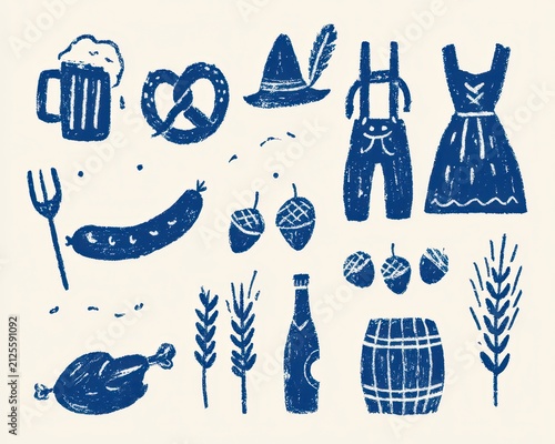 Set of handdrawn oktoberfest icons, including beer mug, pretzel, bavarian hat, lederhosen, dirndl, sausage, acorns, wheat stalks, and wooden barrel