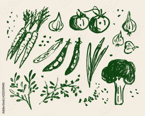 Handdrawn vegetable set including carrots, tomatoes, broccoli, peas, and herbs