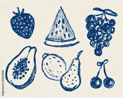 Handdrawn fruit collection set, blue crayon style illustrations of strawberry, watermelon, grapes, papaya, pear, and cherries