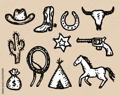 Hand drawn western and cowboy icons set, vector illustration