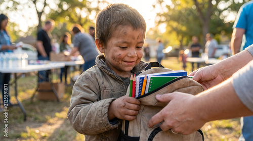 Happy child receiving school supplies at charity event outdoors