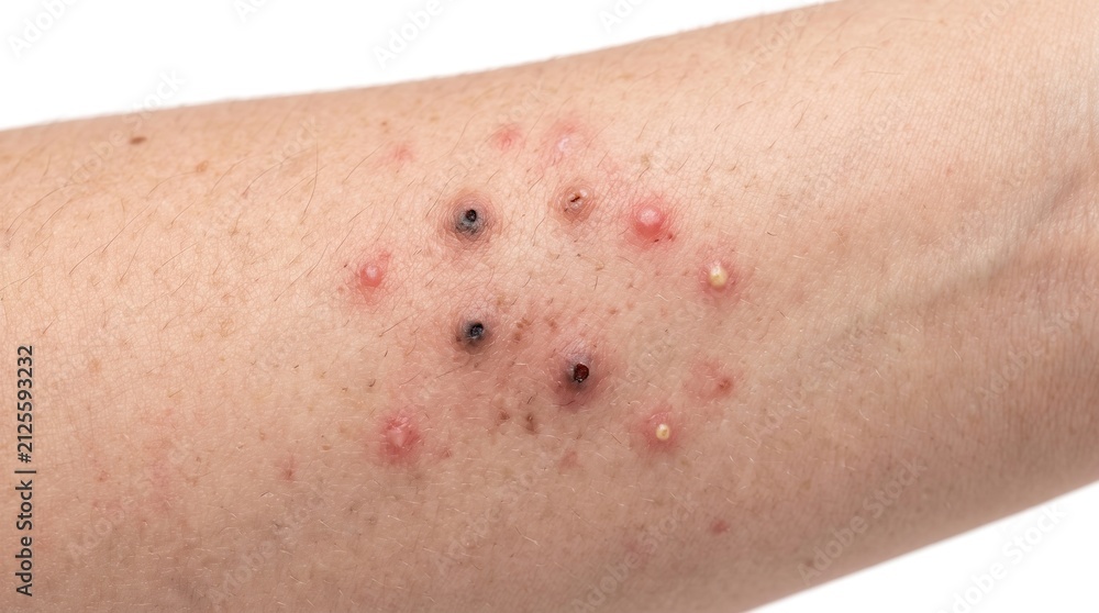Fototapeta premium Close-up of inflamed skin with severe blackheads, acne pustules, and pimple breakouts on human arm