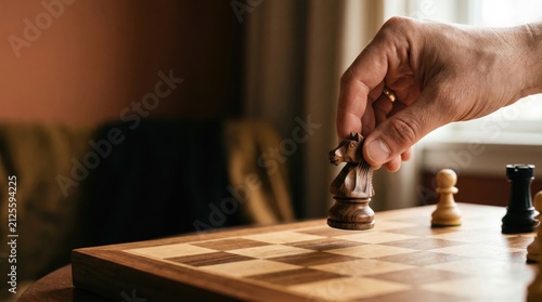 Hand placing wooden chess piece on chessboard during strategic gameplay for competitive thinking and focus concept