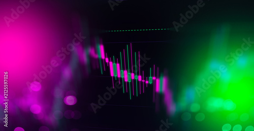 Abstract financial stock market candlestick chart with neon pink and green glowing light background