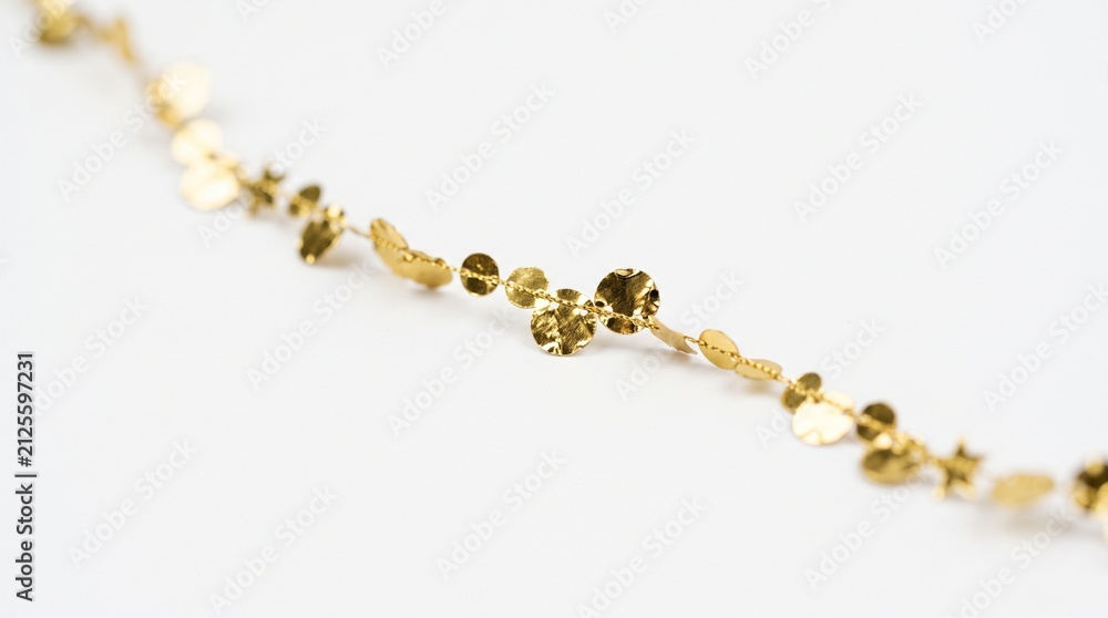 Fototapeta premium Delicate gold chain with hammered coin and star charms on a white background