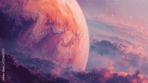 A colossal gaseous giant planet with vibrant swirling storm systems and cosmic clouds in deep space