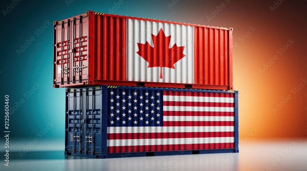 Naklejka premium Shipping containers stacked with Canada, United States flags painted on sides. Cargo boxes represent international trade relations between North American countries. Metal industrial units illustrate