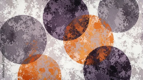 Panel kuchenny z motywem Abstract design with textured circles in purple gray, orange tones on white background. Modern artistic pattern features overlapping round shapes with rough paint effect. Contemporary graphic