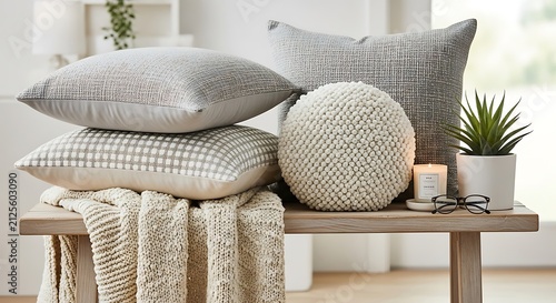 Cozy living room decor with textured patterned cushions and a knitted throw blanket on a wooden bench cushions textiles interior patterns furniture textured apartment