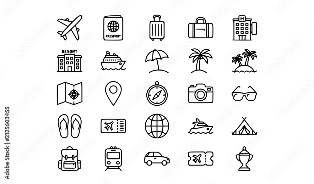 Fototapeta premium Travel Vacation Thin Line Icon Set with Airplane Hotel Luggage Beach and Tourism Symbols Vector Collection
