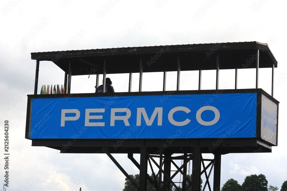 Fototapeta premium Start and finish podium at Mid-Ohio Sports Car Course, Lexington, Ohio, USA. Built in 1962, Mid-Ohio Race Track is a road course racing track.