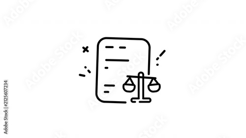 Animation of a simple black legal document outline and balanced scales.