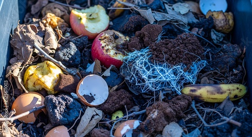 Organic waste decomposing in a backyard compost bin for soil fertilizer