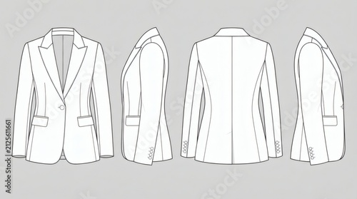 Flat Drawing Collection Women's Structured Blazer Front Back Side Views

