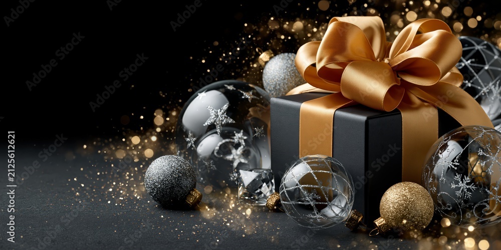 Obraz premium Elegant black gift box with large gold bow surrounded by silver and gold Christmas ornaments on dark background with bokeh.