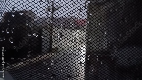 Macro shot of water droplets glistening on a black diamond wire mesh screen during rainfall