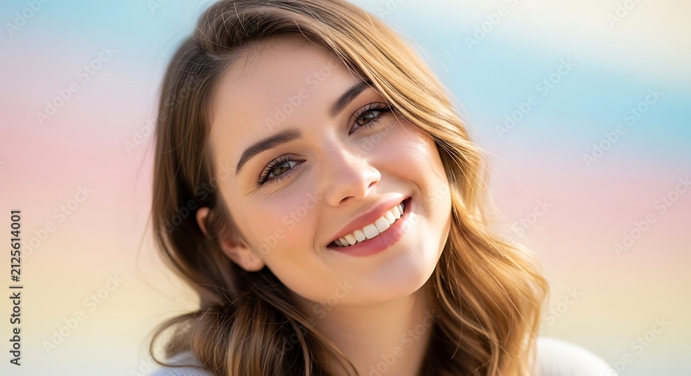 Fototapeta premium Smiling Young Woman Outdoors with Soft Pastel Background