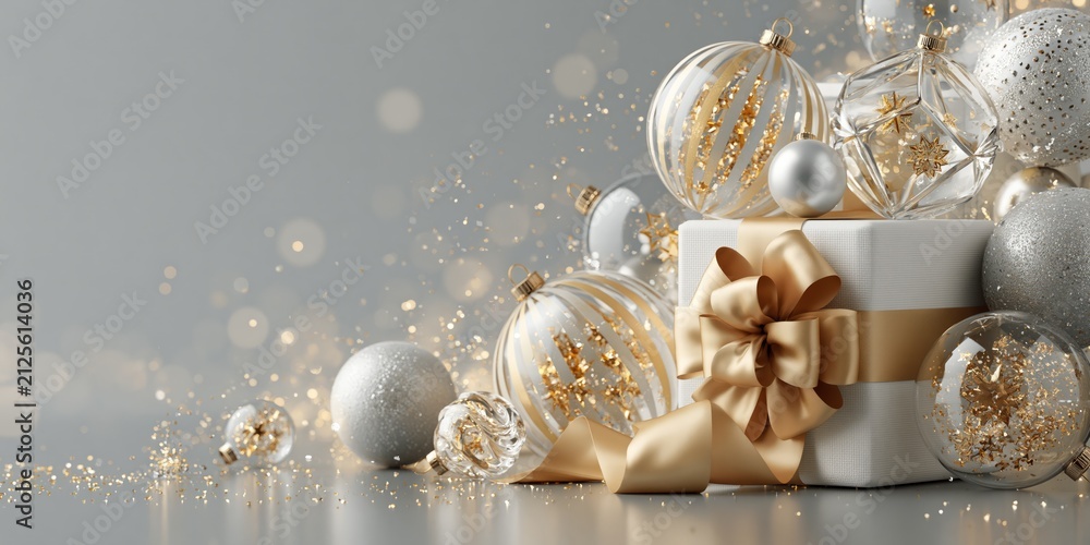 Obraz premium Elegant silver and gold Christmas ornaments surround a white gift box with a large gold bow.