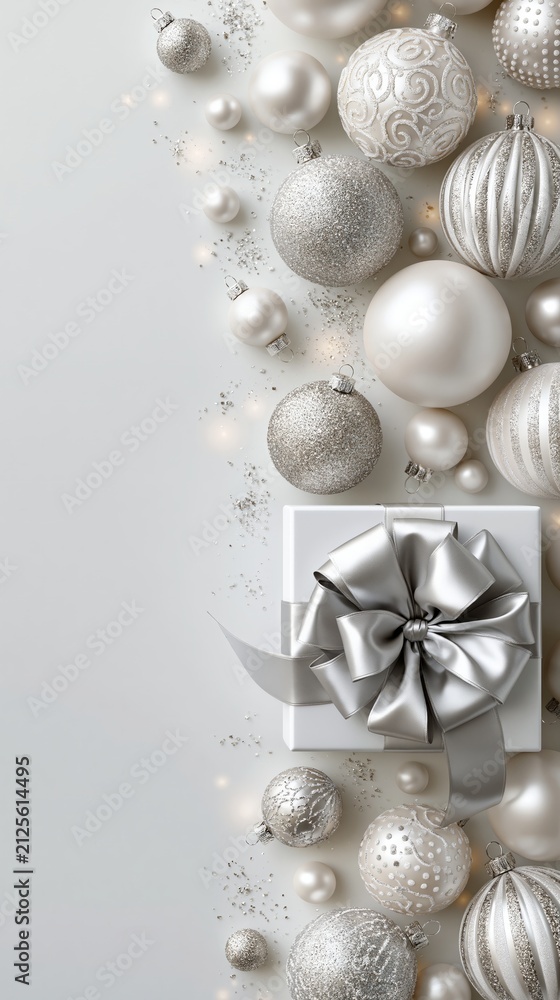 Obraz premium Elegant silver and white Christmas ornaments scattered around a gift box with a large shiny bow.