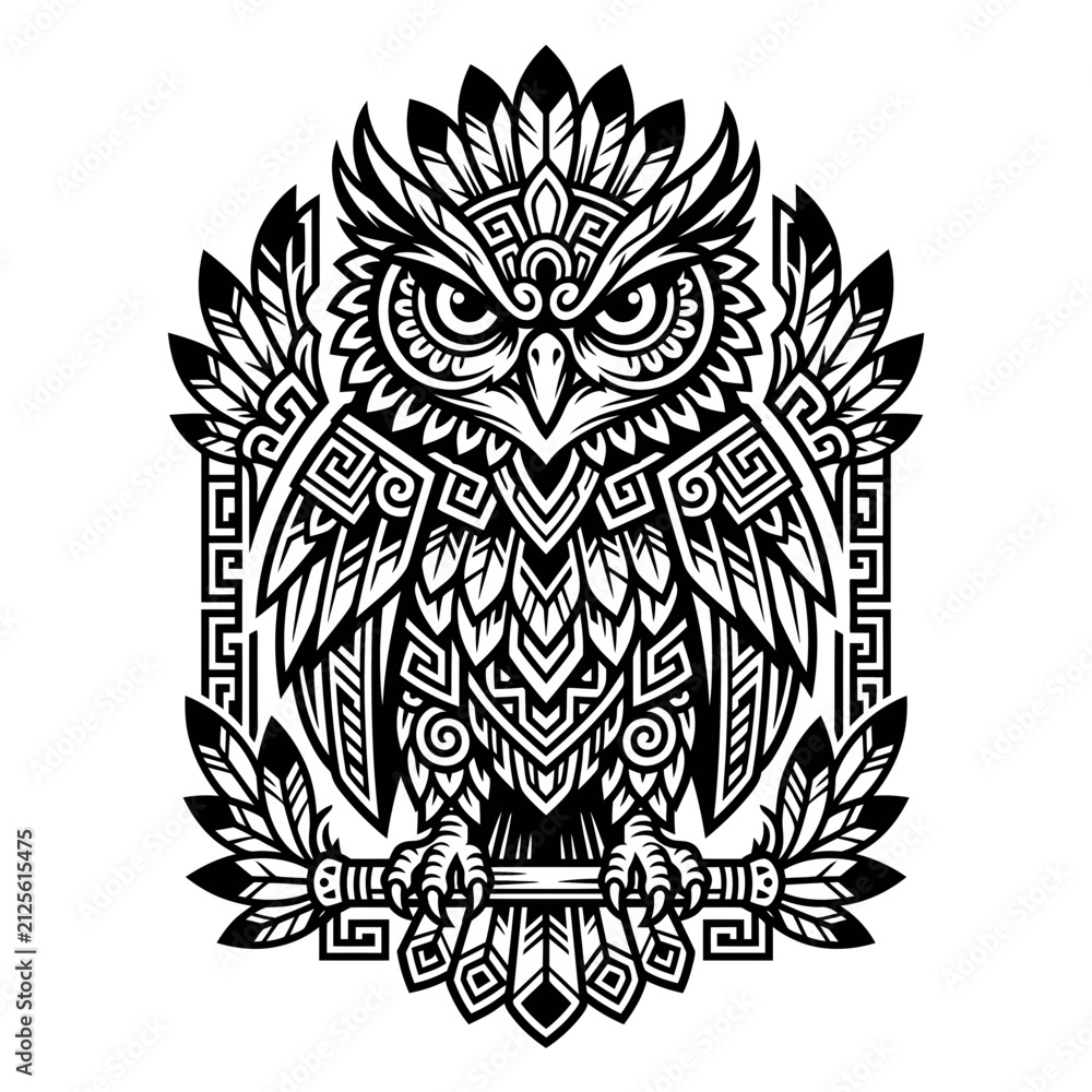 Fototapeta premium Tribal Owl Tattoo Design - Black and White Illustration