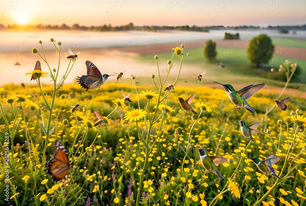 Obraz premium Hummingbirds butterflies and bees flying among yellow wildflowers in a sunny meadow at sunrise pollination and biodiversity