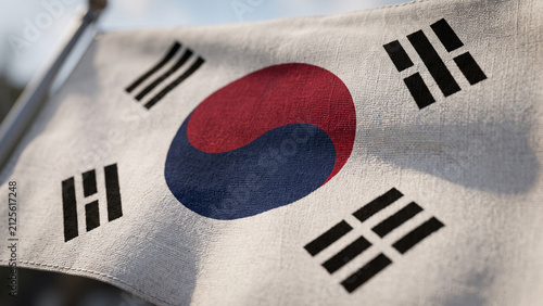 Foto South Korean flag waving in the wind with visible fabric folds against a bright