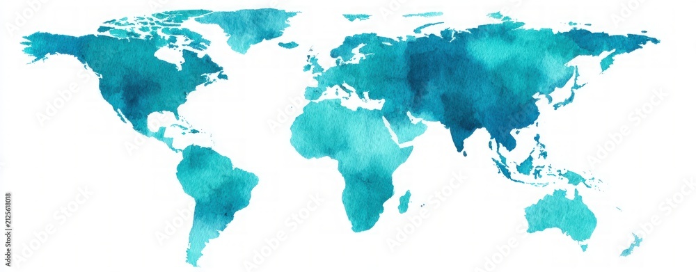 Obraz premium World Map Silhouette with Blue Watercolor Texture Isolated on White Background for Global Travel and Modern Geographic Design Projects