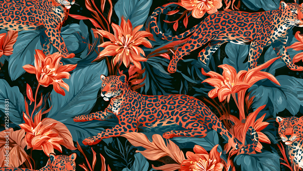a 2D illustrated leopard pattern, wildlife seamless repeat for textile design
