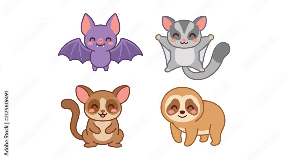 Fototapeta premium Cute Kawaii Cartoon Wild Animal Set featuring Bat and Sloth