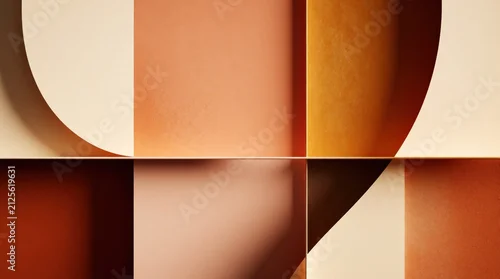 Panel kuchenny z motywem Abstract composition features warm earth tones geometric shapes and soft curved lines. Forms interact creating depth with light and shadow play. Minimalist aesthetic for modern design projects.