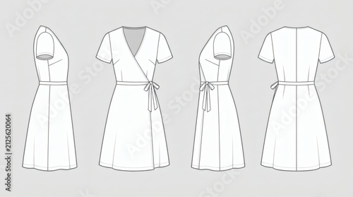 Flat Drawing Collection Women's Elegant Wrap Dress Front Back Side Views

