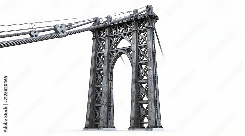 Fototapeta premium Detailed Steel Suspension Bridge Tower Section Isolated on a Clean White Background