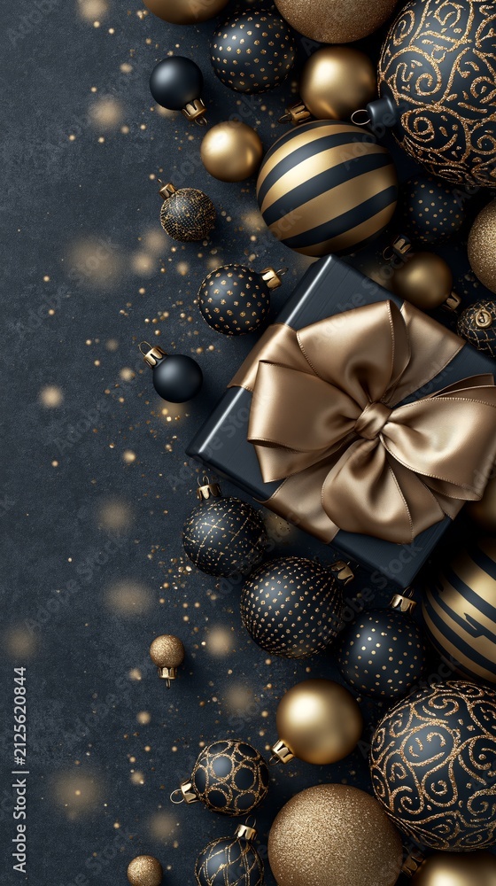 Obraz premium Elegant black and gold Christmas ornaments surround a wrapped gift box with a large satin bow.