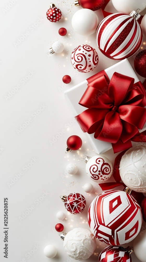 Obraz premium Vertical flat lay of red and white Christmas baubles and a gift box with a large red bow.