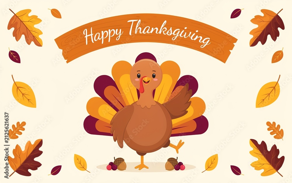 Naklejka premium Cute cartoon turkey standing in the center with a happy thanksgiving banner surrounded by colorful autumn leaves on light background