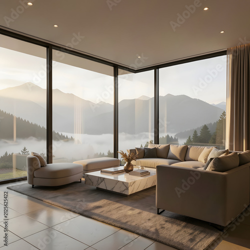 Modern luxury living room interior with big glass windows and scenic mountain view at golden hour