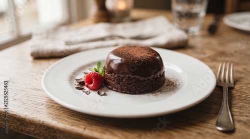 Decadent chocolate lava cake with raspberry and mint garnish served on a white plate with a fork perfect for dessert menus and food blogs