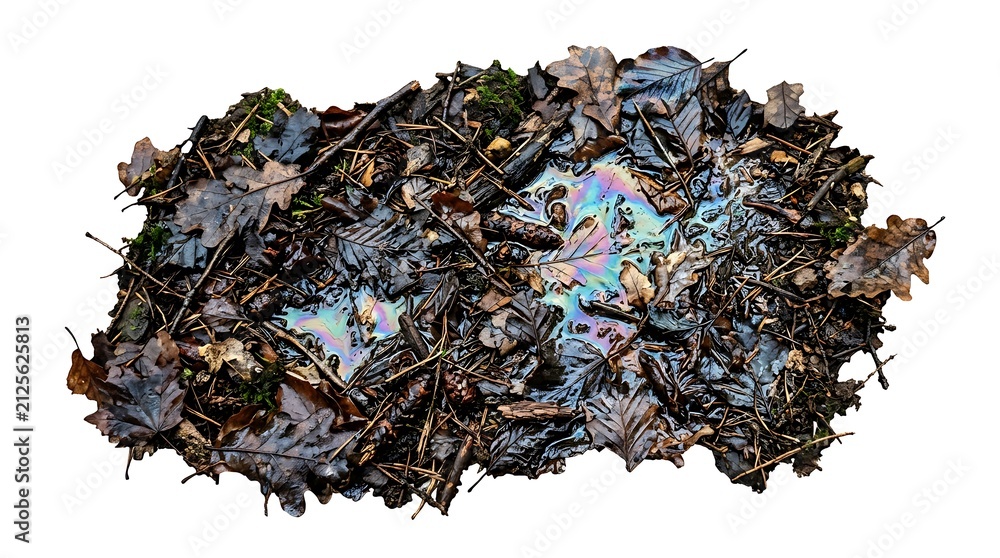 Obraz premium Oil spill creates a toxic rainbow pattern upon damp forest debris.