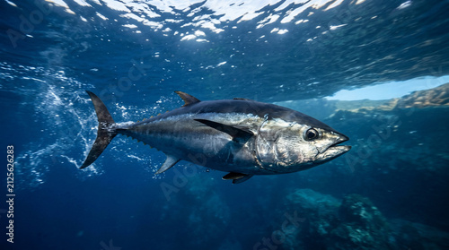 Tuna fish glides through the clear blue water near the surface of the open ocean with sunlight filtering from above.