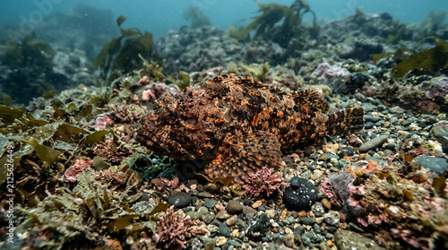 Stonefish rests motionless on the pebbled seafloor while blending into the surrounding marine environment.