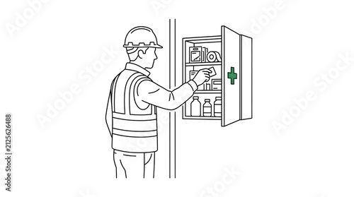A worker is reaching into a wall-mounted first aid cabinet contain various medical supplies.