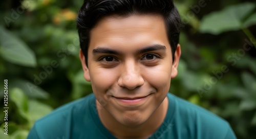 Close up portrait of a young Hispanic man smiling warmly outdoors.