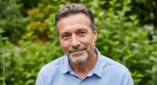 Confident middle aged man with beard smiling outdoors in a green park.